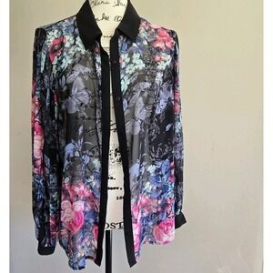 LC Lauren Conrad Shirt Womens Small Floral 1/2 Sheer Long Sleeved button up